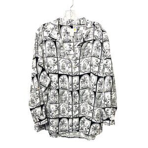 C&C California New Black & White Tropical Print Linen Button-Up Shirt Women’s 2X